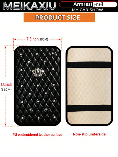 MEIKAXIU 1pc Bling-Bling Diamond Inlaid PU Faux Crown Comfortable Soft New Car Armrest Pad Universal For Men And Women, All Seasons