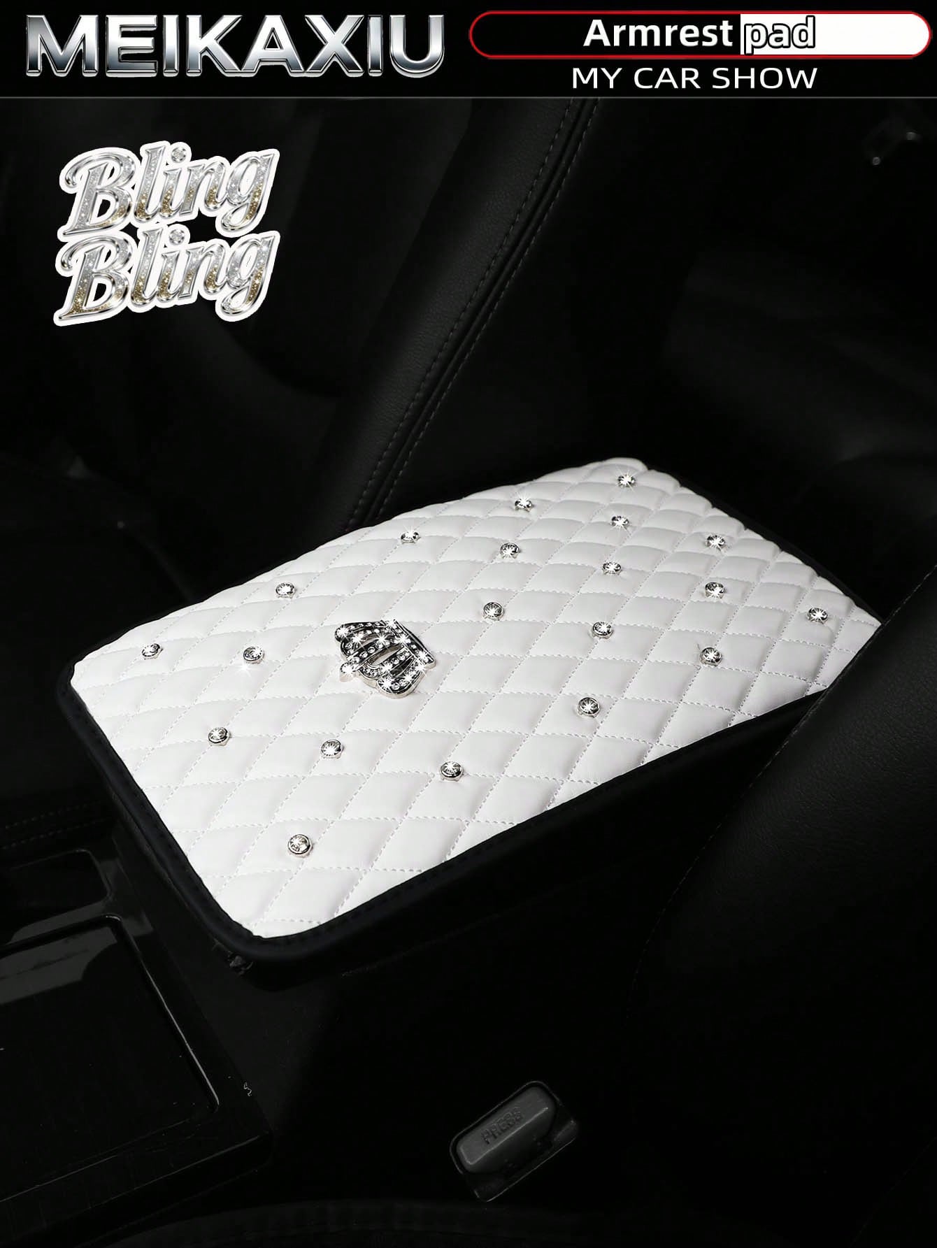 MEIKAXIU 1pc Bling-Bling Diamond Inlaid PU Faux Crown Comfortable Soft New Car Armrest Pad Universal For Men And Women, All Seasons