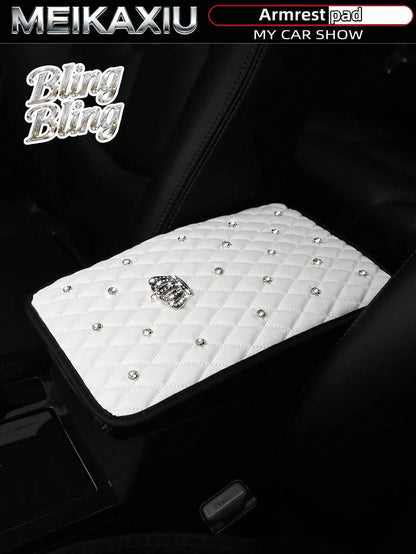 MEIKAXIU 1pc Bling-Bling Diamond Inlaid PU Faux Crown Comfortable Soft New Car Armrest Pad Universal For Men And Women, All Seasons