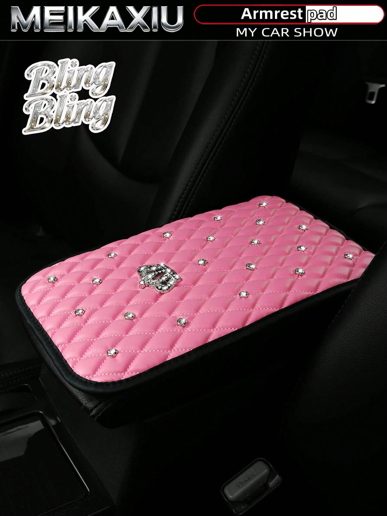 MEIKAXIU 1pc Bling-Bling Diamond Inlaid PU Faux Crown Comfortable Soft New Car Armrest Pad Universal For Men And Women, All Seasons