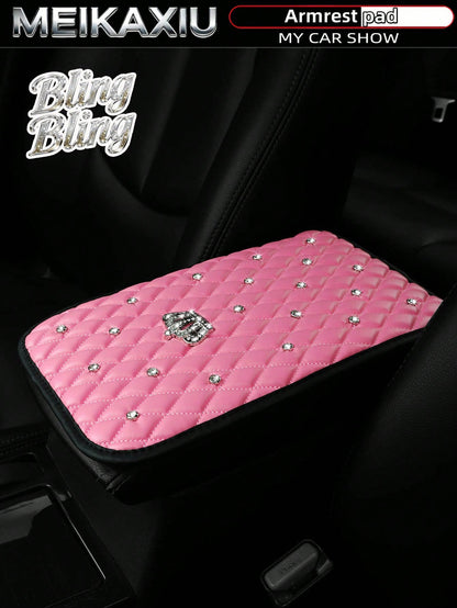 MEIKAXIU 1pc Bling-Bling Diamond Inlaid PU Faux Crown Comfortable Soft New Car Armrest Pad Universal For Men And Women, All Seasons