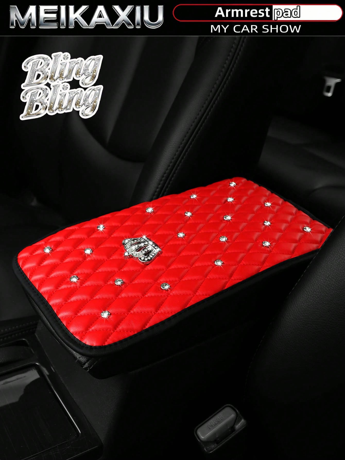 MEIKAXIU 1pc Bling-Bling Diamond Inlaid PU Faux Crown Comfortable Soft New Car Armrest Pad Universal For Men And Women, All Seasons
