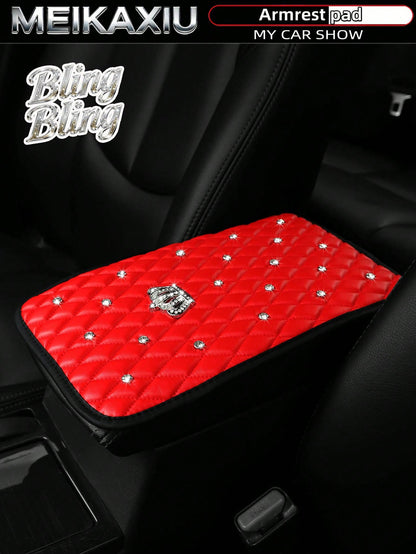 MEIKAXIU 1pc Bling-Bling Diamond Inlaid PU Faux Crown Comfortable Soft New Car Armrest Pad Universal For Men And Women, All Seasons