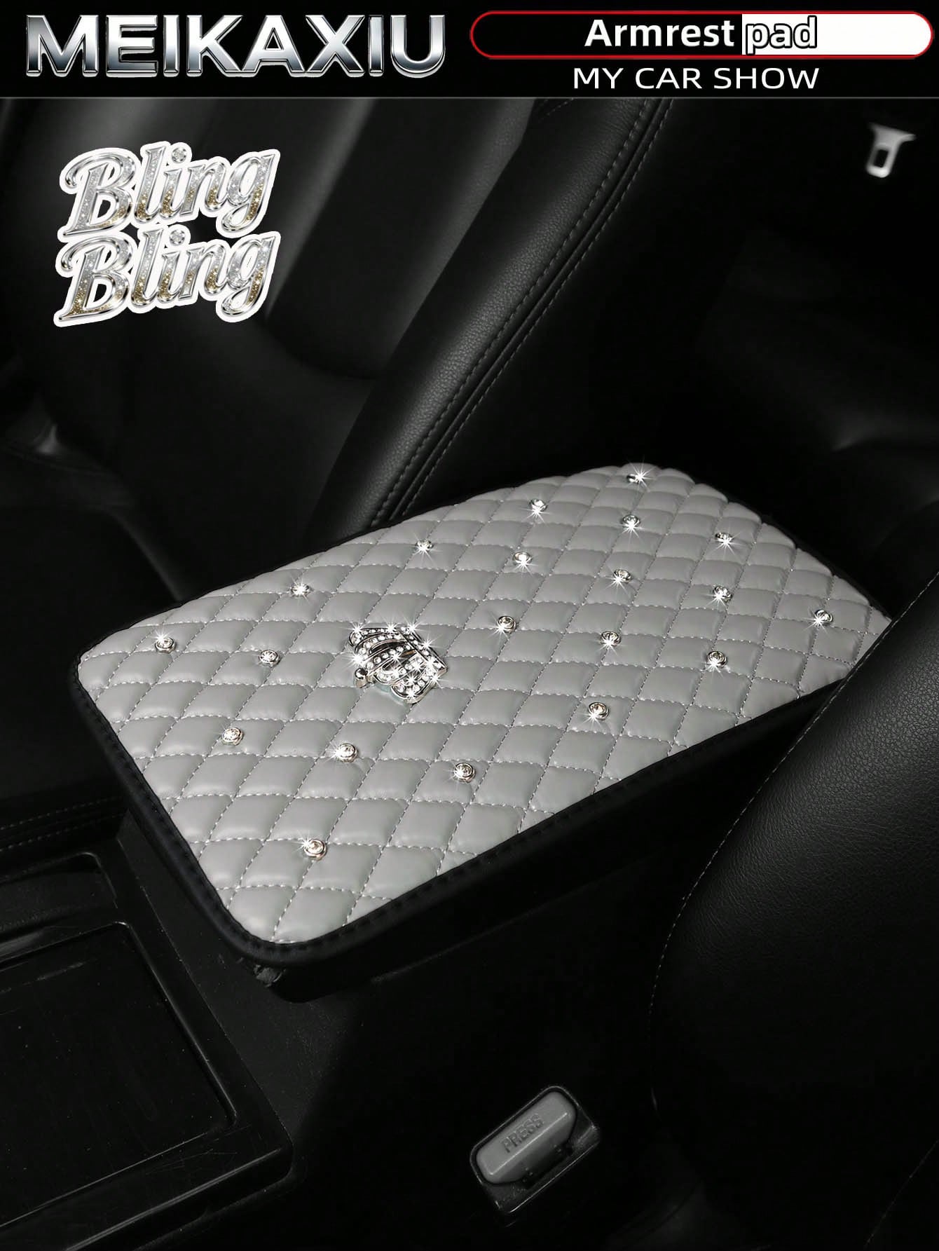 MEIKAXIU 1pc Bling-Bling Diamond Inlaid PU Faux Crown Comfortable Soft New Car Armrest Pad Universal For Men And Women, All Seasons