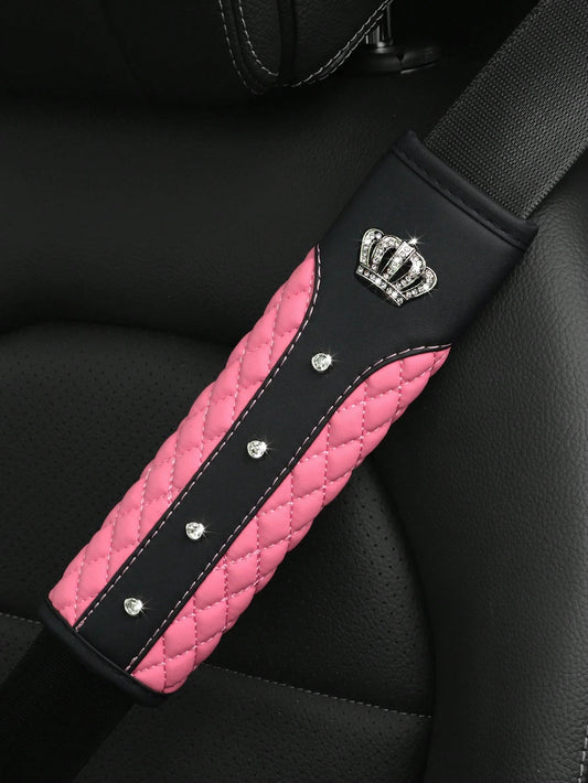 MEIKAXIU 1pc Crown Embroidery Car Seat Belt Cover With Rhinestone For Pressure Relief And Anti-Tightening