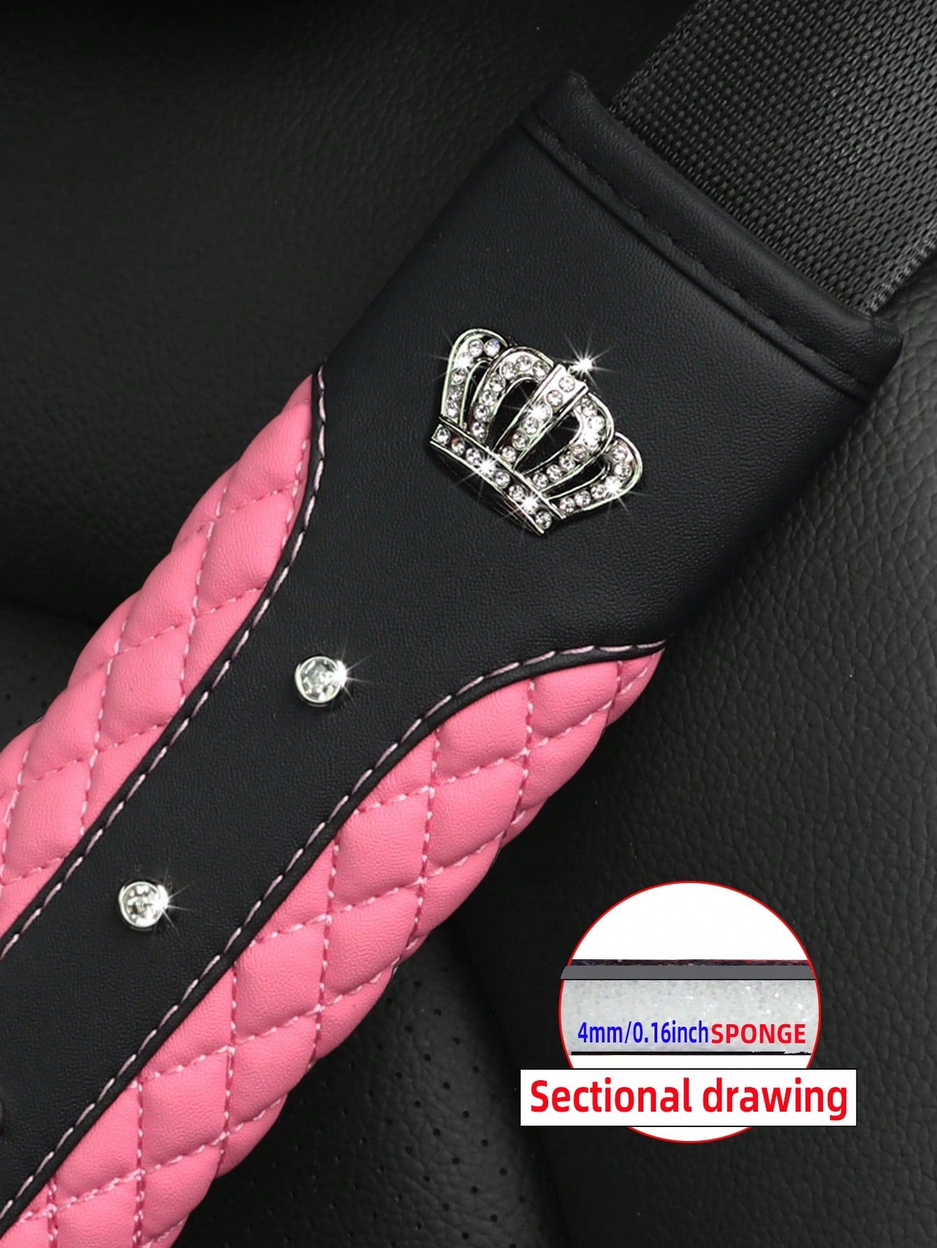 MEIKAXIU 1pc Crown Embroidery Car Seat Belt Cover With Rhinestone For Pressure Relief And Anti-Tightening