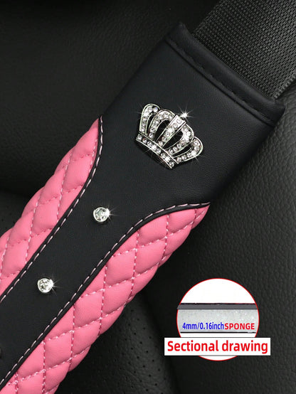 MEIKAXIU 1pc Crown Embroidery Car Seat Belt Cover With Rhinestone For Pressure Relief And Anti-Tightening