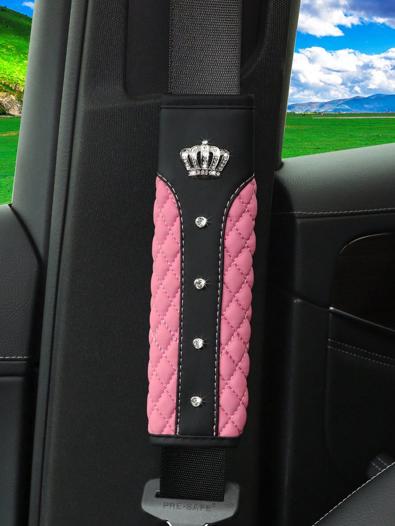 MEIKAXIU 1pc Crown Embroidery Car Seat Belt Cover With Rhinestone For Pressure Relief And Anti-Tightening