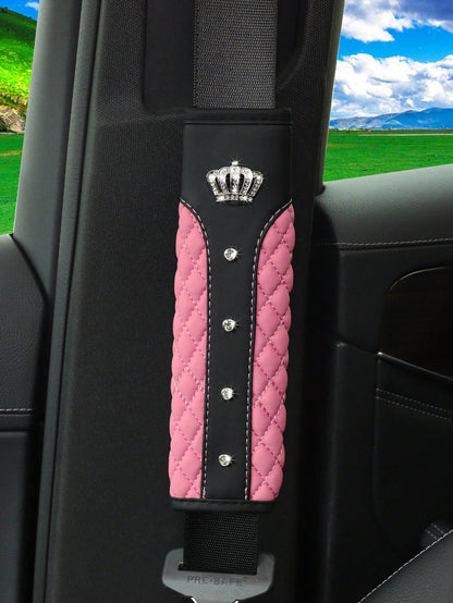 MEIKAXIU 1pc Crown Embroidery Car Seat Belt Cover With Rhinestone For Pressure Relief And Anti-Tightening