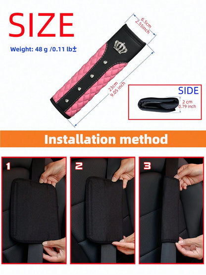 MEIKAXIU 1pc Crown Embroidery Car Seat Belt Cover With Rhinestone For Pressure Relief And Anti-Tightening