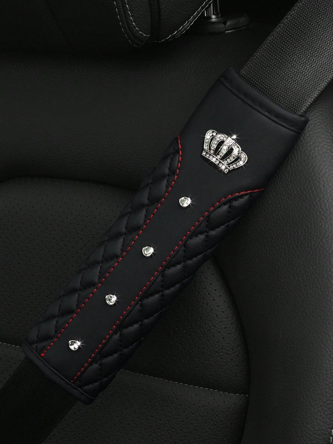 MEIKAXIU 1pc Crown Embroidery Car Seat Belt Cover With Rhinestone For Pressure Relief And Anti-Tightening