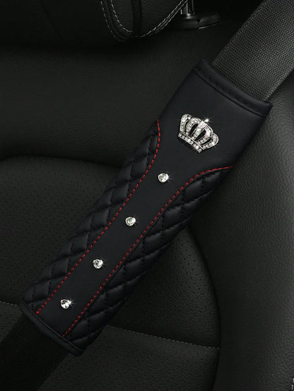 MEIKAXIU 1pc Crown Embroidery Car Seat Belt Cover With Rhinestone For Pressure Relief And Anti-Tightening