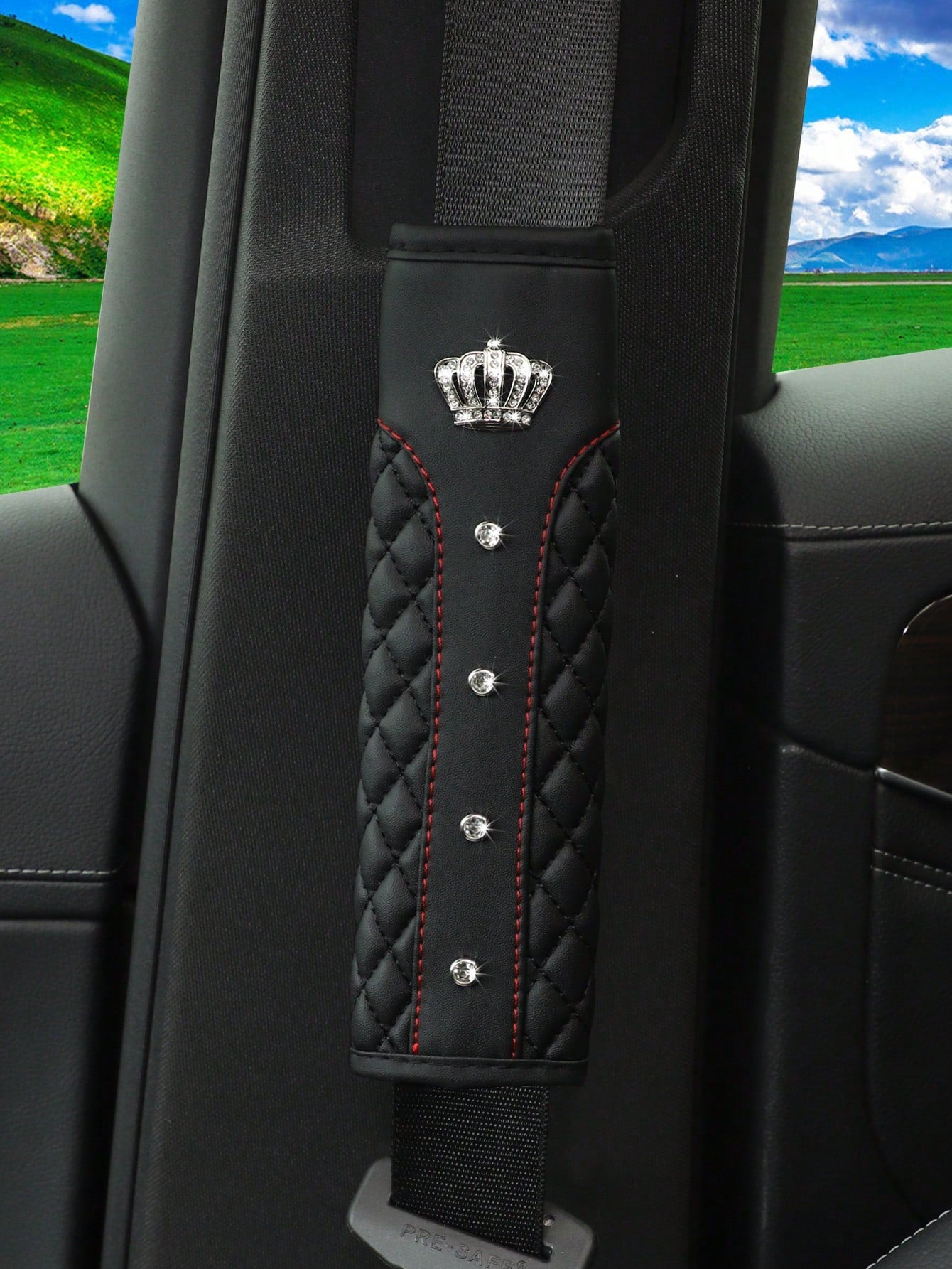 MEIKAXIU 1pc Crown Embroidery Car Seat Belt Cover With Rhinestone For Pressure Relief And Anti-Tightening