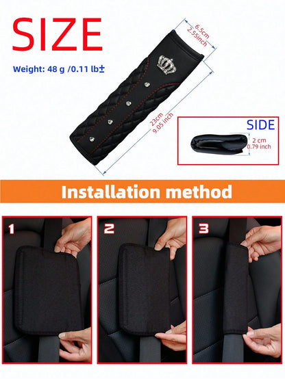 MEIKAXIU 1pc Crown Embroidery Car Seat Belt Cover With Rhinestone For Pressure Relief And Anti-Tightening