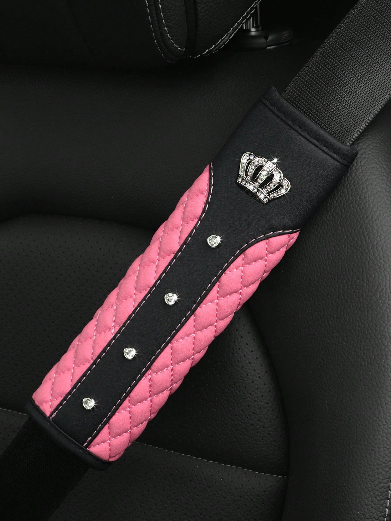 MEIKAXIU 1pc Crown Embroidery Car Seat Belt Cover With Rhinestone For Pressure Relief And Anti-Tightening