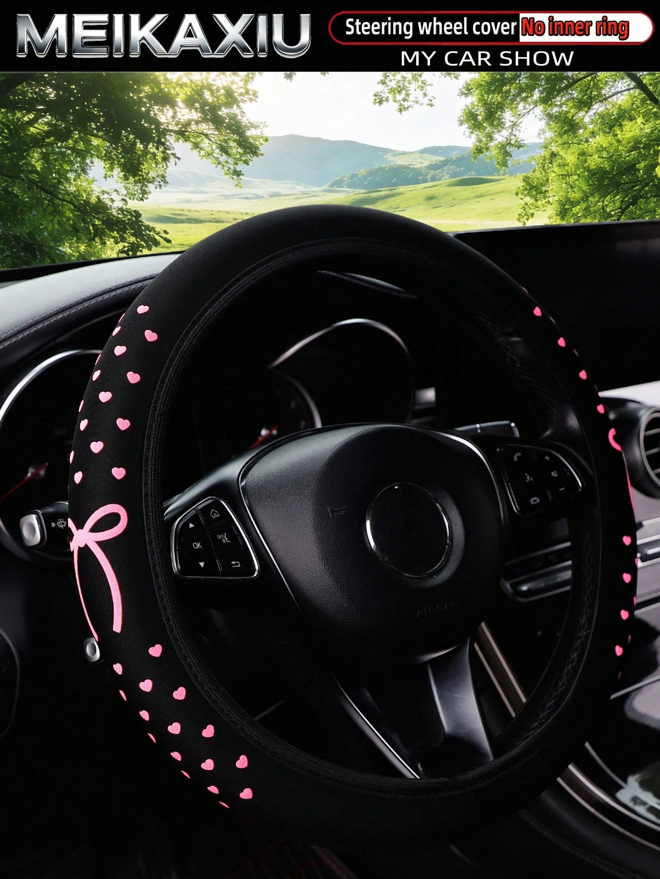 MEIKAXIU 1pc Foam 3D Heart & Bow Tie Steering Wheel Cover, Suitable For 37-38cm Steering Wheel, Made Of Waterproof Fabric, For Women