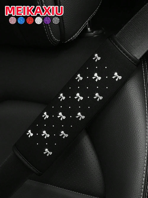 MEIKAXIU 1pc Sparkling Bow Bling Bling Soft Fabric Car Seat Belt Shoulder Pad Decor, Anti-Pinch Relief Comfortable Car Interior Accessories, For Women