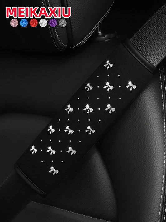 MEIKAXIU 1pc Sparkling Bow Bling Bling Soft Fabric Car Seat Belt Shoulder Pad Decor, Anti-Pinch Relief Comfortable Car Interior Accessories, For Women