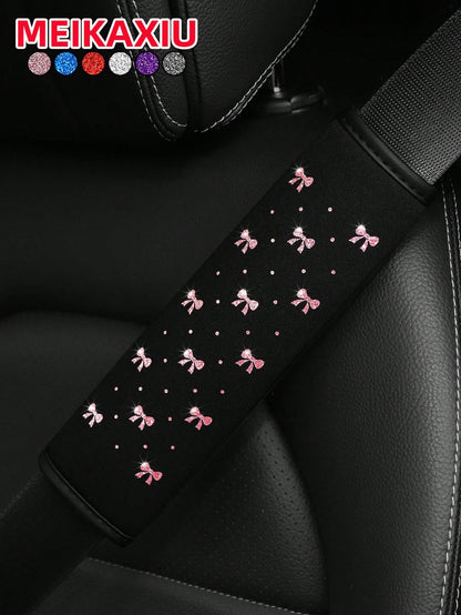 MEIKAXIU 1pc Sparkling Bow Bling Bling Soft Fabric Car Seat Belt Shoulder Pad Decor, Anti-Pinch Relief Comfortable Car Interior Accessories, For Women
