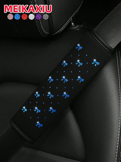 MEIKAXIU 1pc Sparkling Bow Bling Bling Soft Fabric Car Seat Belt Shoulder Pad Decor, Anti-Pinch Relief Comfortable Car Interior Accessories, For Women