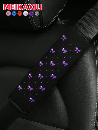 MEIKAXIU 1pc Sparkling Bow Bling Bling Soft Fabric Car Seat Belt Shoulder Pad Decor, Anti-Pinch Relief Comfortable Car Interior Accessories, For Women