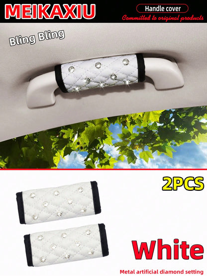 MEIKAXIU 2pcs Soft Faux Sheepskin With Rhinestones Shiny Blingbling Fabric Comfortable Breathable Car Interior Handle Protector Covers, Universal Fit