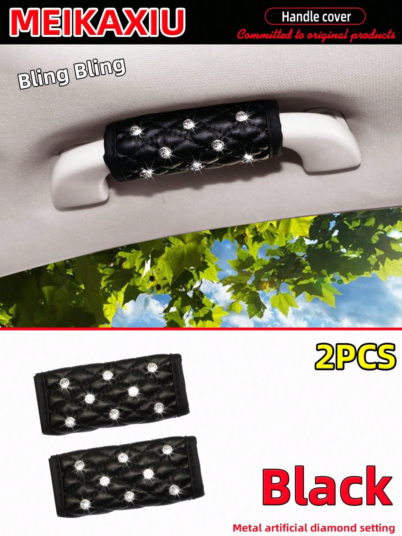 MEIKAXIU 2pcs Soft Faux Sheepskin With Rhinestones Shiny Blingbling Fabric Comfortable Breathable Car Interior Handle Protector Covers, Universal Fit