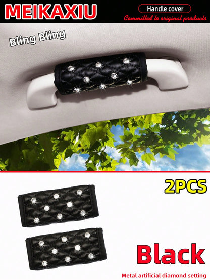 MEIKAXIU 2pcs Soft Faux Sheepskin With Rhinestones Shiny Blingbling Fabric Comfortable Breathable Car Interior Handle Protector Covers, Universal Fit