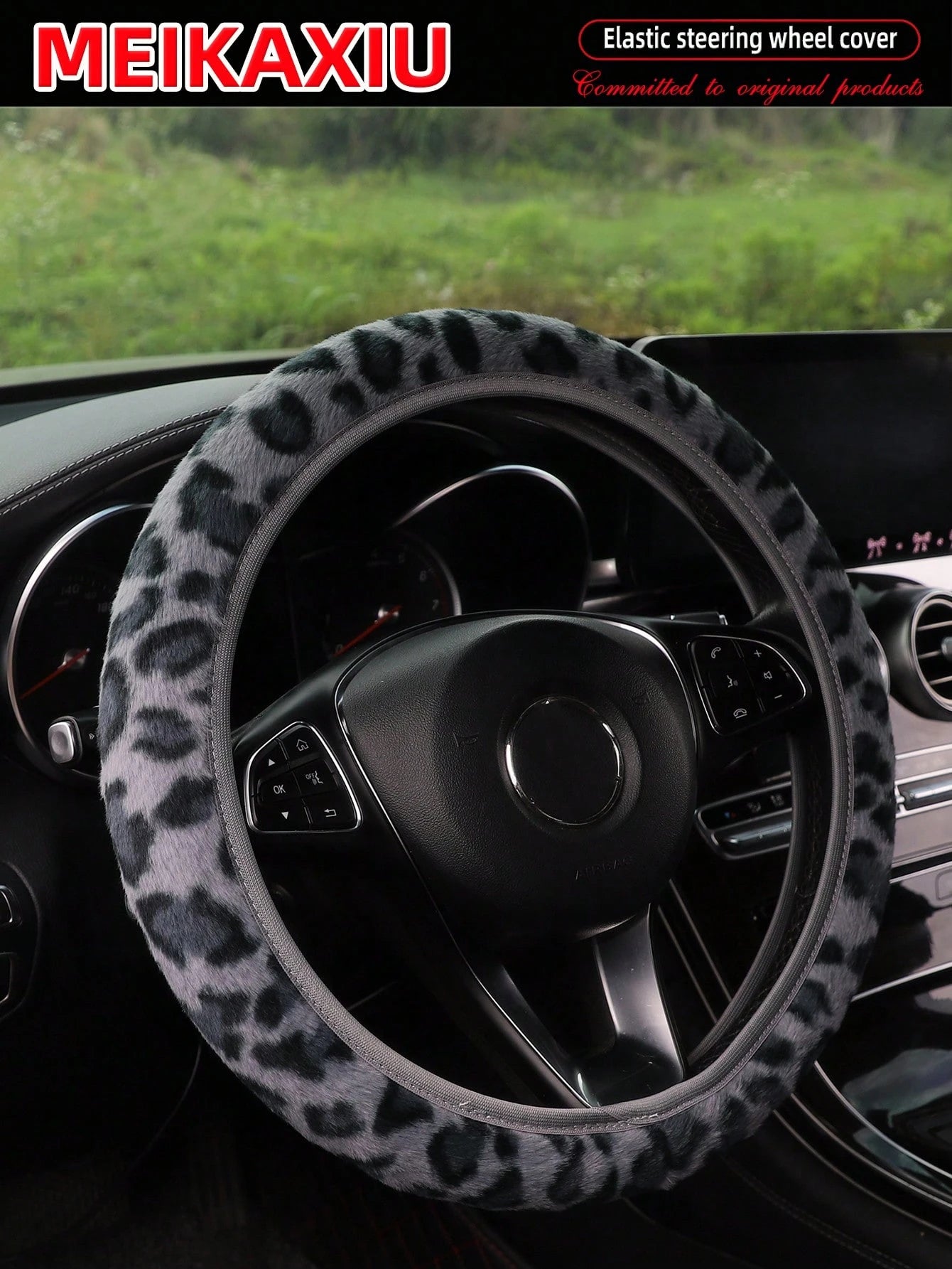 MEIKAXIU Leopard Plush Steering Wheel Cover, Elastic Grip Sleeve, Car Accessories, Suitable For Women, Winter