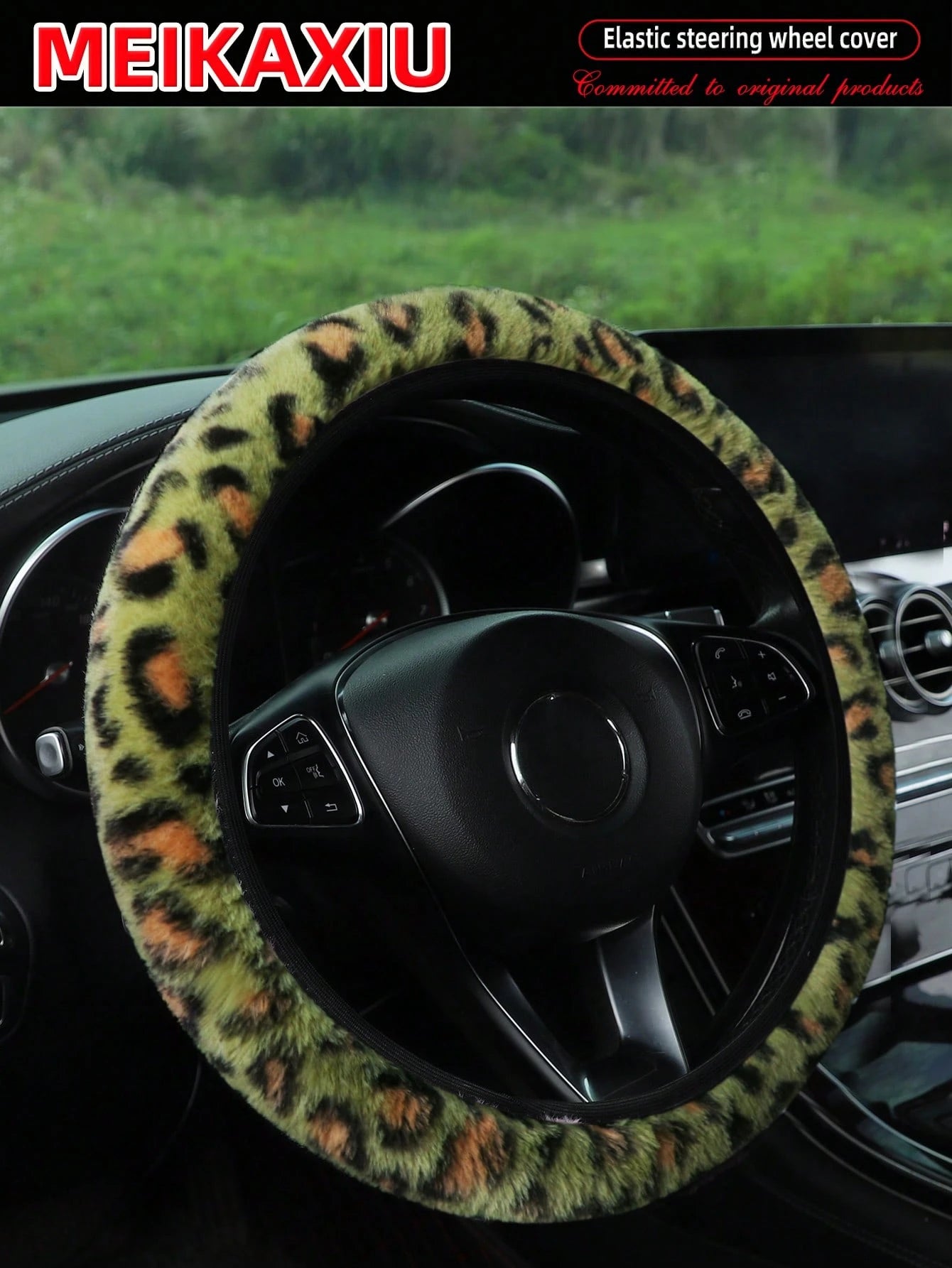 MEIKAXIU Leopard Plush Steering Wheel Cover, Elastic Grip Sleeve, Car Accessories, Suitable For Women, Winter