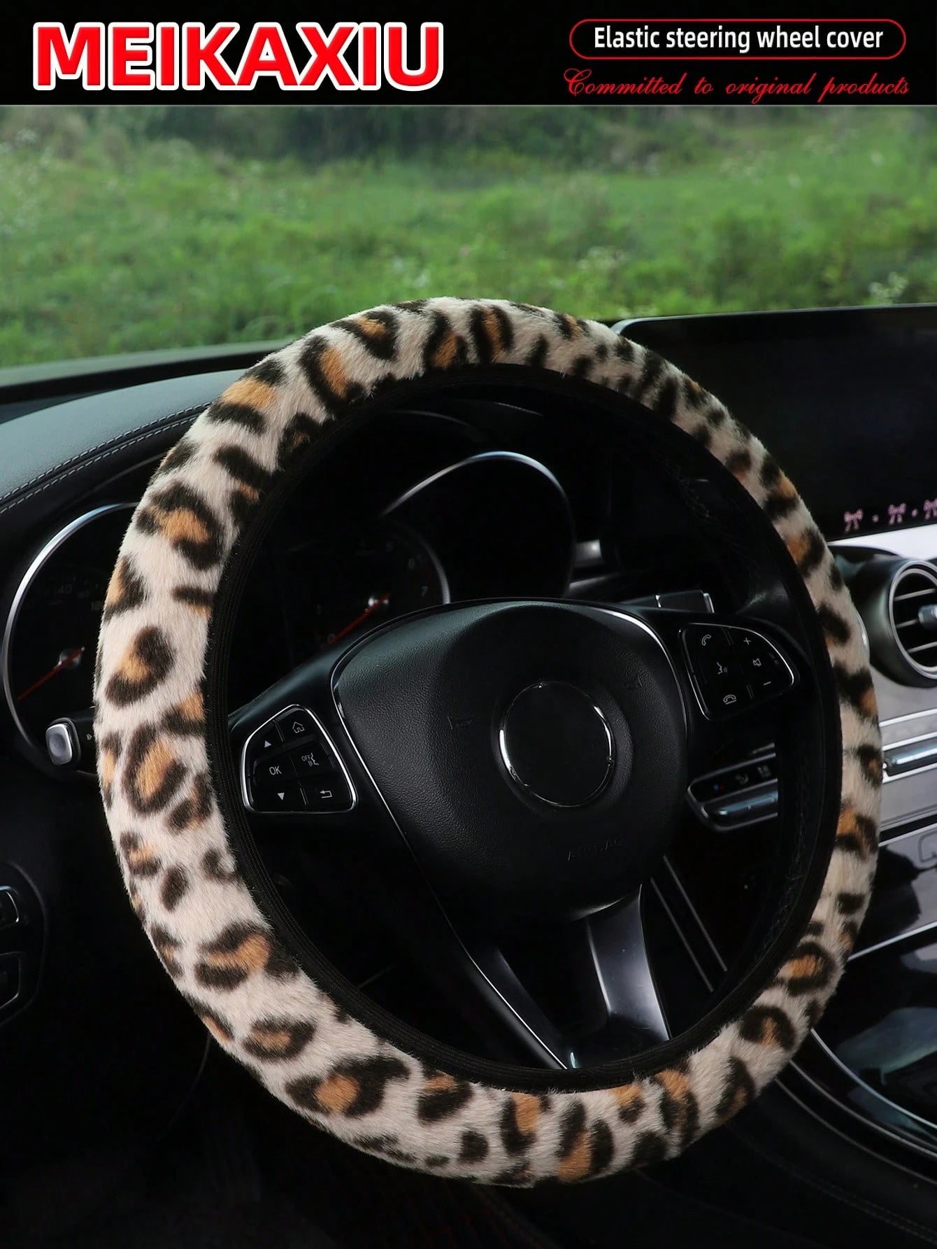 MEIKAXIU Leopard Plush Steering Wheel Cover, Elastic Grip Sleeve, Car Accessories, Suitable For Women, Winter