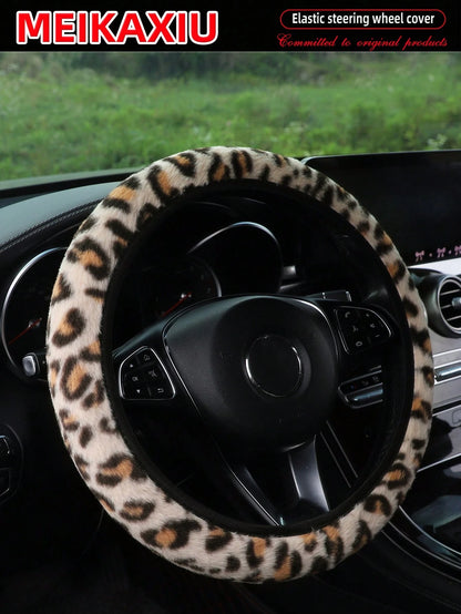 MEIKAXIU Leopard Plush Steering Wheel Cover, Elastic Grip Sleeve, Car Accessories, Suitable For Women, Winter