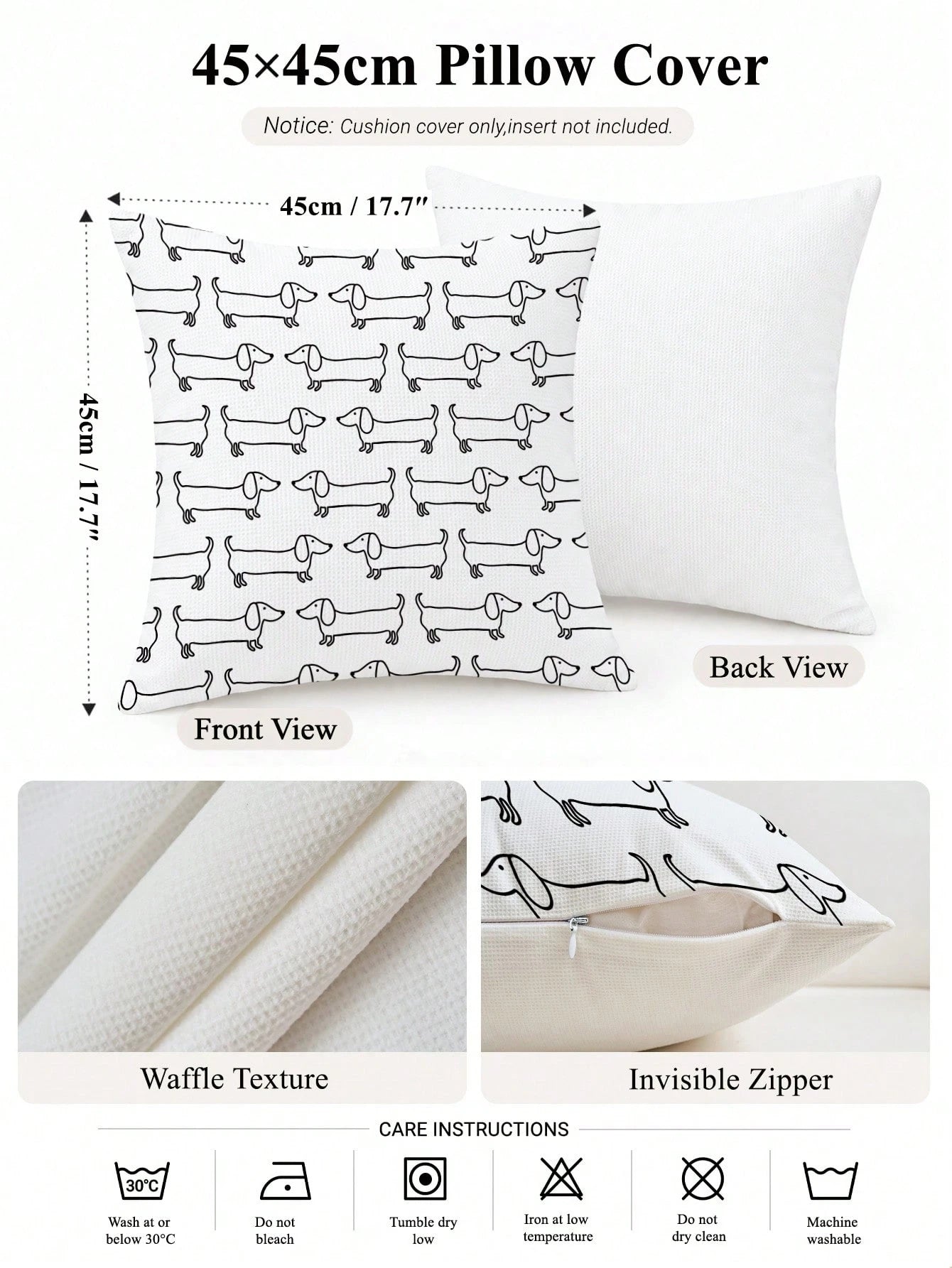MEMNUN 1pc Black & White Line Art Dachshund Waffle Pillow Case 45*45cm, Polyester Material, Hand-Drawn Cartoon Dachshund Repeating Print, Single-Sided Print, Hidden Zipper, Decorative Pillow Cover Wit