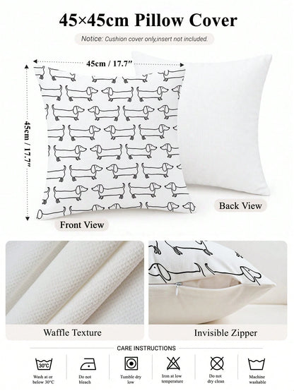 MEMNUN 1pc Black & White Line Art Dachshund Waffle Pillow Case 45*45cm, Polyester Material, Hand-Drawn Cartoon Dachshund Repeating Print, Single-Sided Print, Hidden Zipper, Decorative Pillow Cover Wit