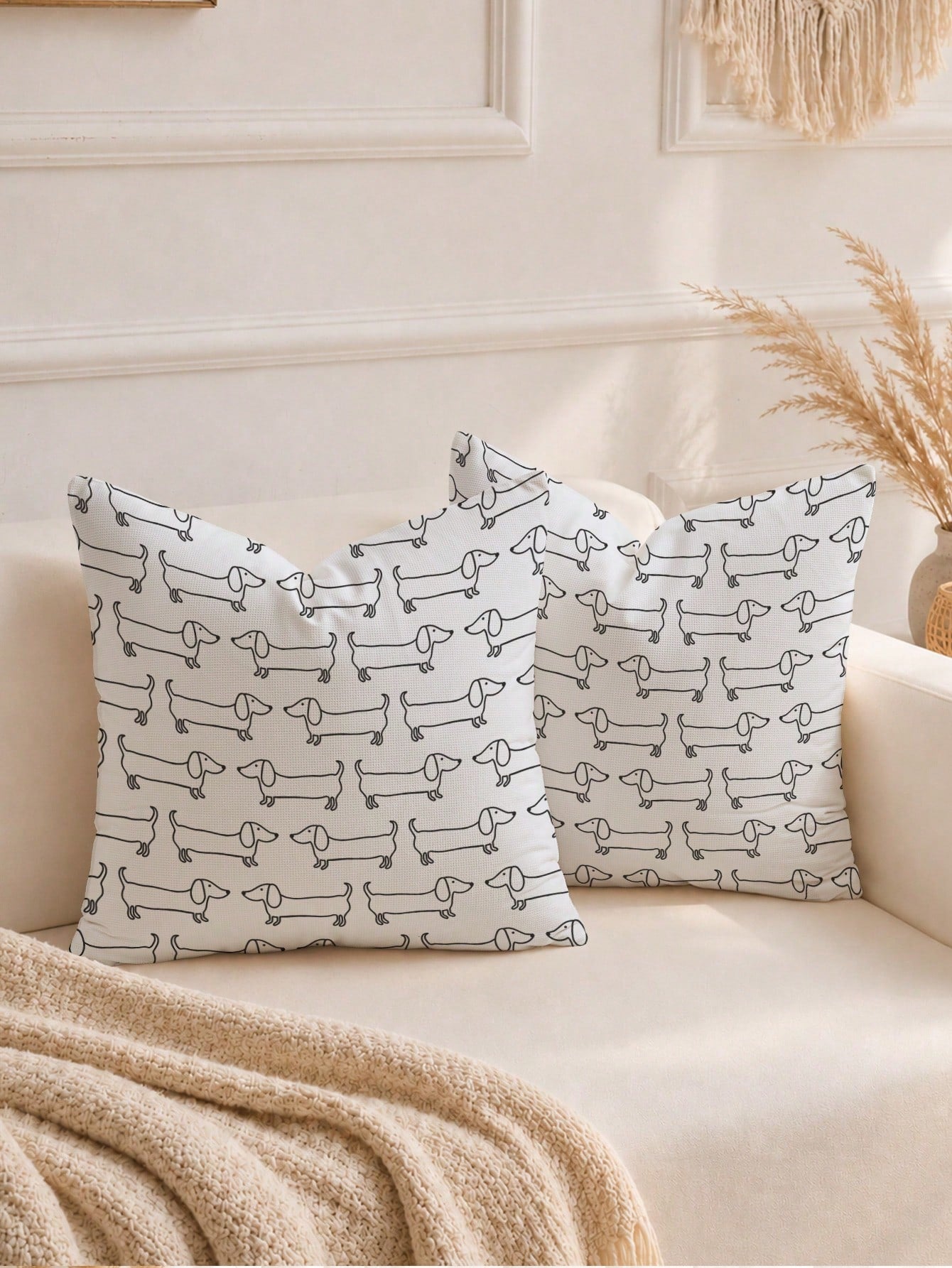 MEMNUN 1pc Black & White Line Art Dachshund Waffle Pillow Case 45*45cm, Polyester Material, Hand-Drawn Cartoon Dachshund Repeating Print, Single-Sided Print, Hidden Zipper, Decorative Pillow Cover Wit