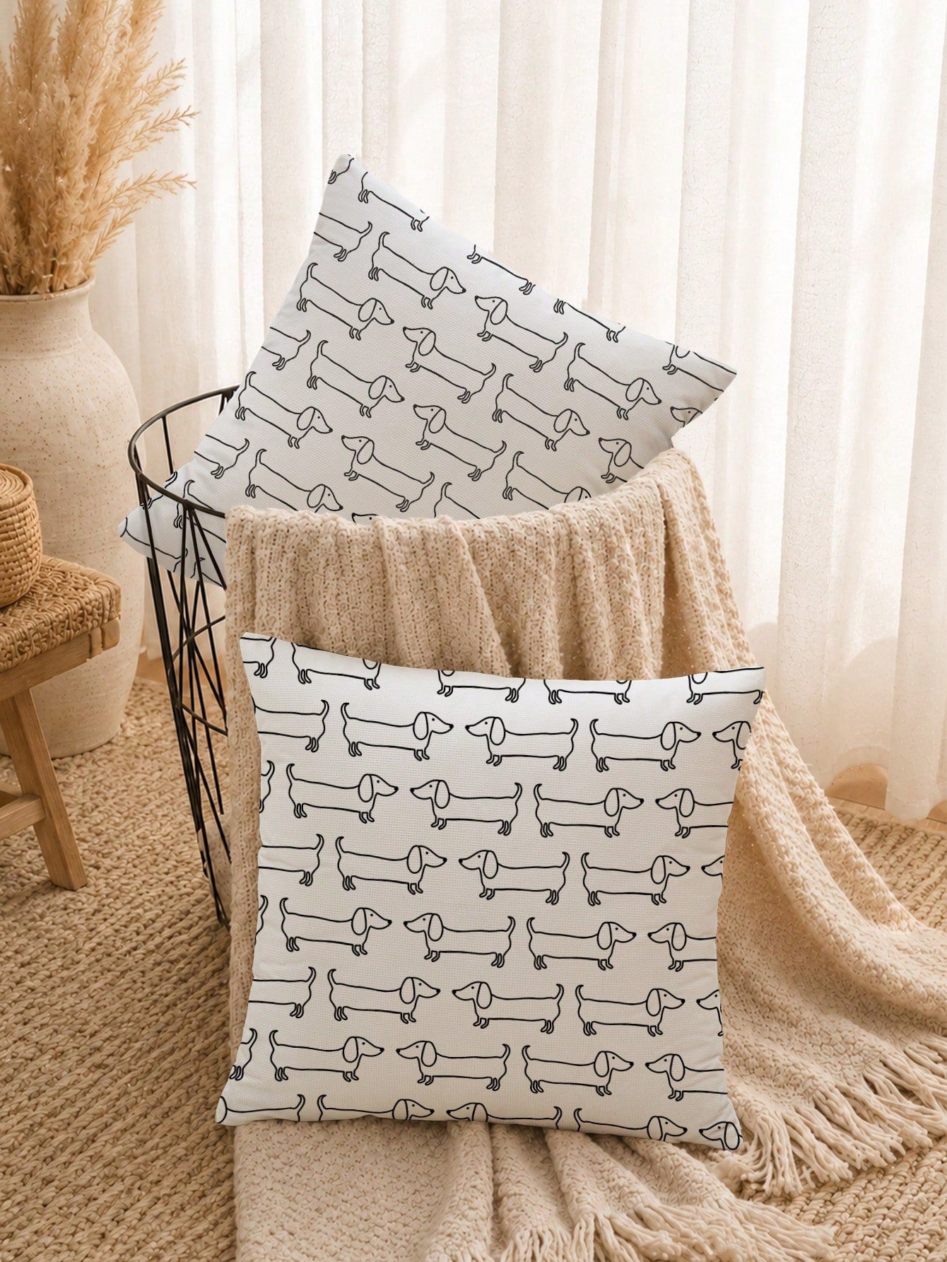 MEMNUN 1pc Black & White Line Art Dachshund Waffle Pillow Case 45*45cm, Polyester Material, Hand-Drawn Cartoon Dachshund Repeating Print, Single-Sided Print, Hidden Zipper, Decorative Pillow Cover Wit