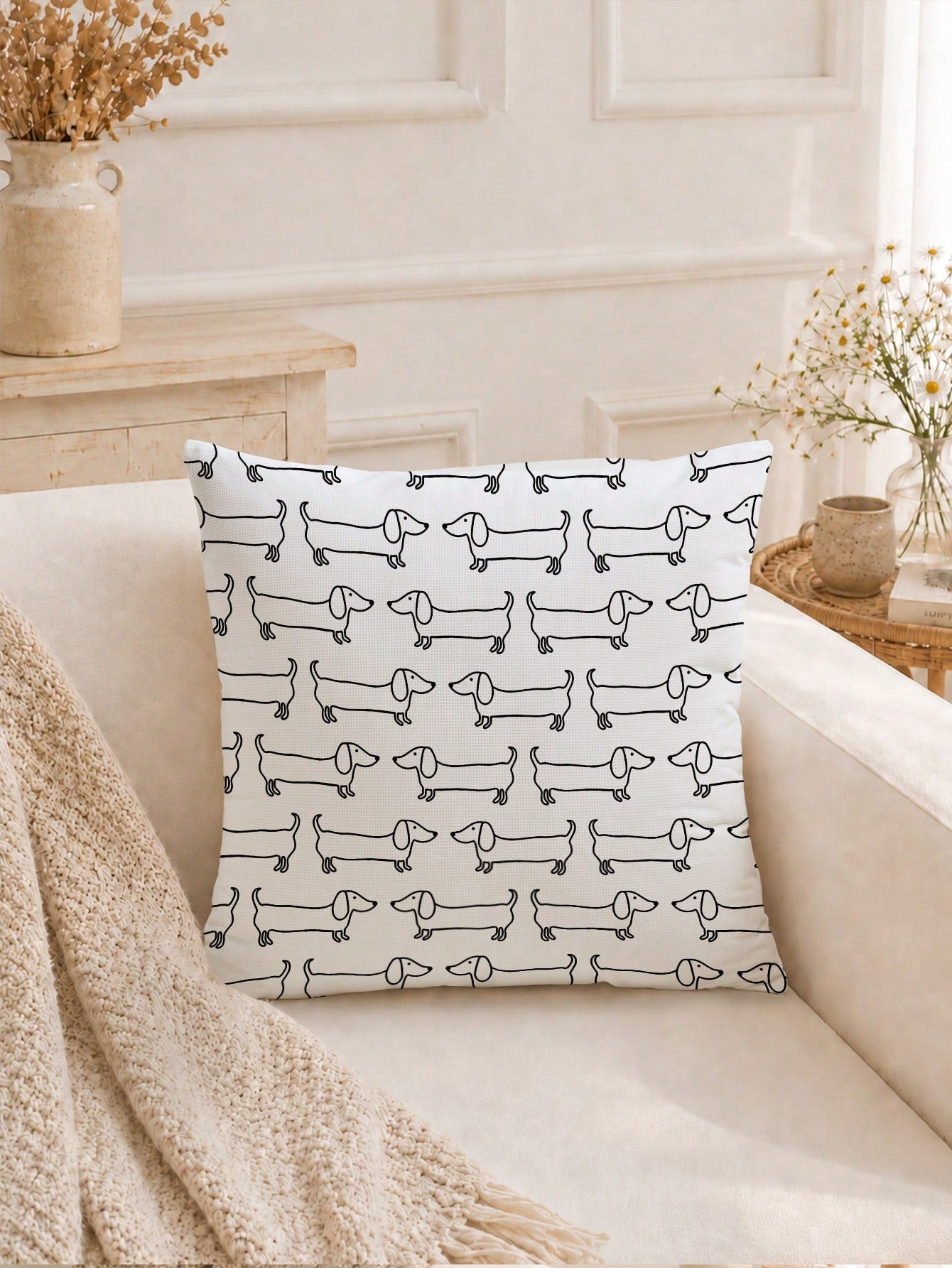 MEMNUN 1pc Black & White Line Art Dachshund Waffle Pillow Case 45*45cm, Polyester Material, Hand-Drawn Cartoon Dachshund Repeating Print, Single-Sided Print, Hidden Zipper, Decorative Pillow Cover Wit