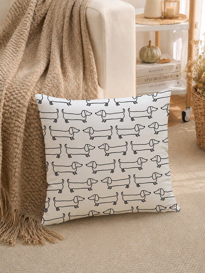 MEMNUN 1pc Black & White Line Art Dachshund Waffle Pillow Case 45*45cm, Polyester Material, Hand-Drawn Cartoon Dachshund Repeating Print, Single-Sided Print, Hidden Zipper, Decorative Pillow Cover Wit