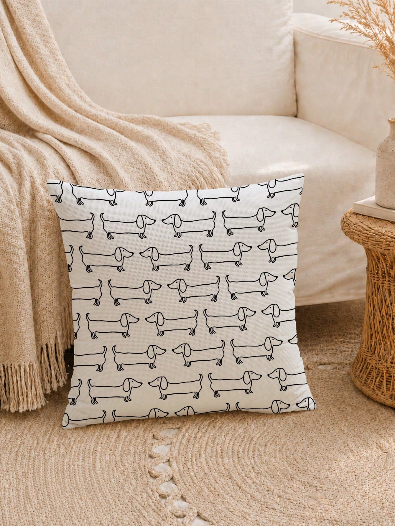 MEMNUN 1pc Black & White Line Art Dachshund Waffle Pillow Case 45*45cm, Polyester Material, Hand-Drawn Cartoon Dachshund Repeating Print, Single-Sided Print, Hidden Zipper, Decorative Pillow Cover Wit