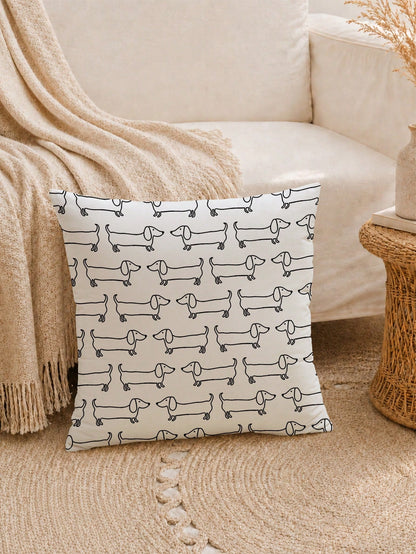 MEMNUN 1pc Black & White Line Art Dachshund Waffle Pillow Case 45*45cm, Polyester Material, Hand-Drawn Cartoon Dachshund Repeating Print, Single-Sided Print, Hidden Zipper, Decorative Pillow Cover Wit