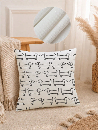 MEMNUN 1pc Black & White Line Art Dachshund Waffle Pillow Case 45*45cm, Polyester Material, Hand-Drawn Cartoon Dachshund Repeating Print, Single-Sided Print, Hidden Zipper, Decorative Pillow Cover Wit