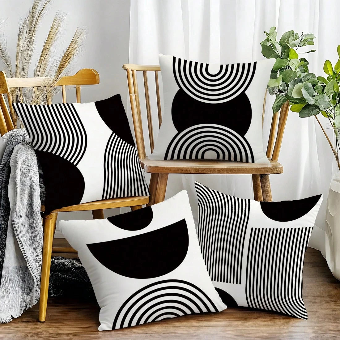 MEMNUN 4pcs Black & White Simple Arched Line Geometric Print Pillow Covers [No Pillow Insert], 17.7*17.7in(45*45cm)/19.69*19.69in(50*50cm)/15.75*15.75in(40*40cm), [Single-Sided Printing] Minimalist Mo