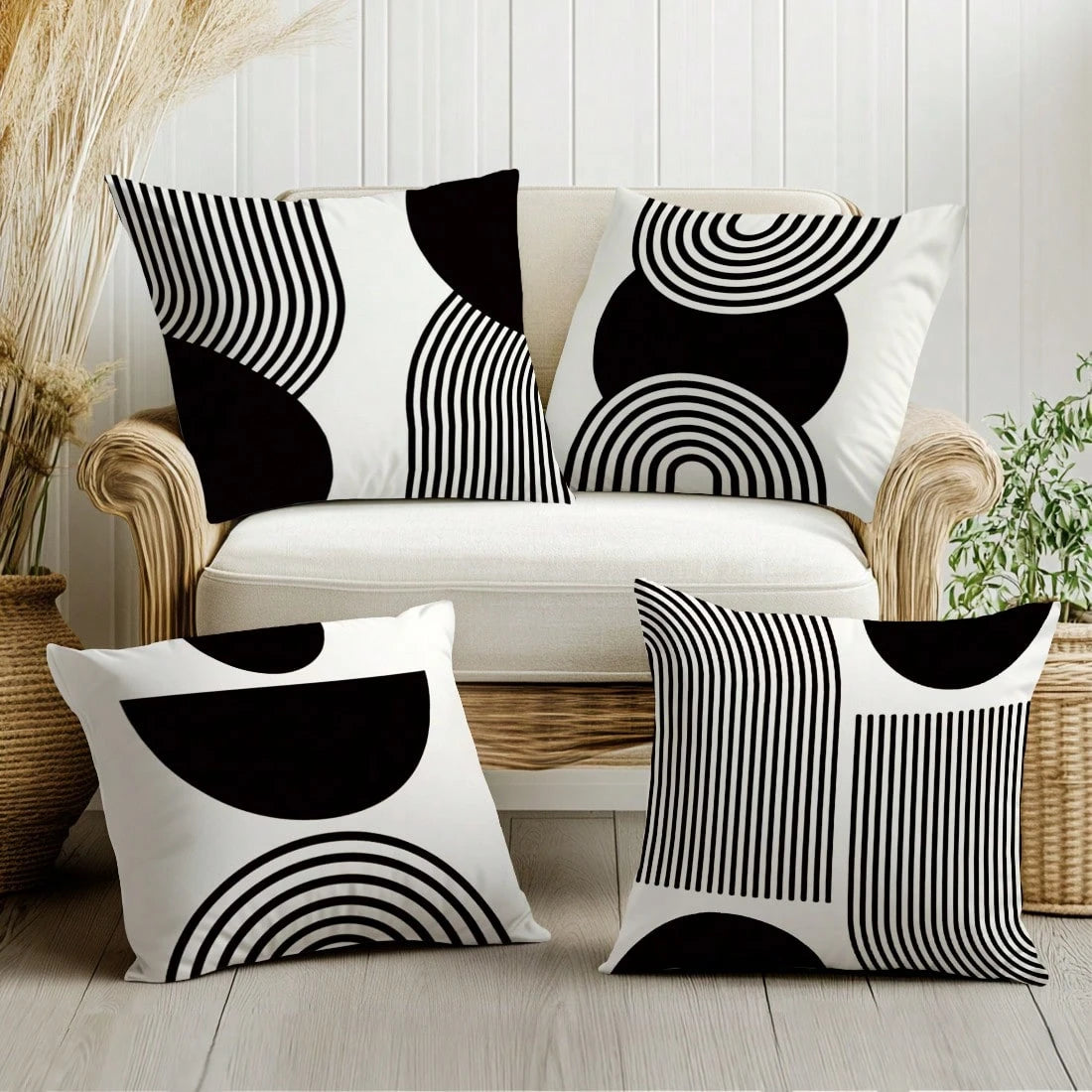 MEMNUN 4pcs Black & White Simple Arched Line Geometric Print Pillow Covers [No Pillow Insert], 17.7*17.7in(45*45cm)/19.69*19.69in(50*50cm)/15.75*15.75in(40*40cm), [Single-Sided Printing] Minimalist Mo