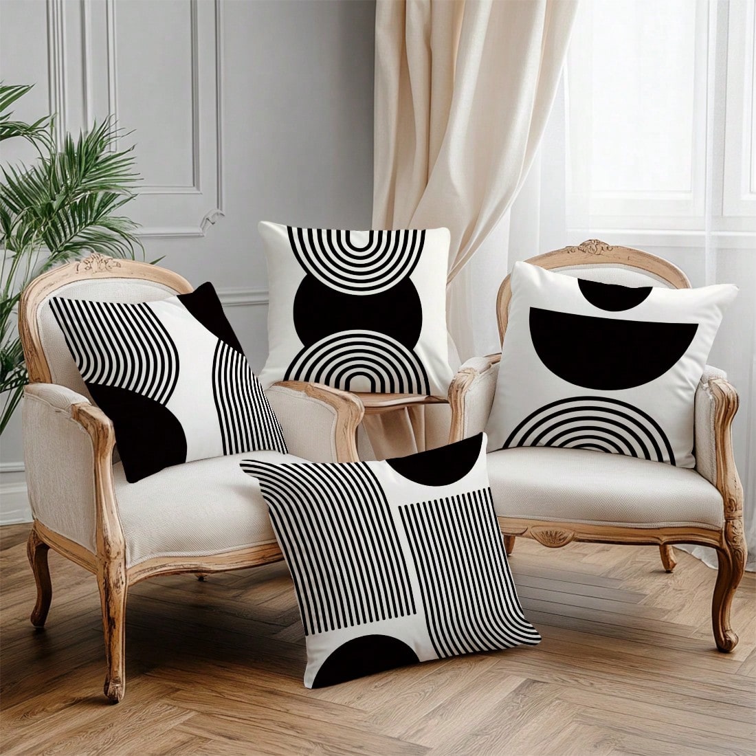 MEMNUN 4pcs Black & White Simple Arched Line Geometric Print Pillow Covers [No Pillow Insert], 17.7*17.7in(45*45cm)/19.69*19.69in(50*50cm)/15.75*15.75in(40*40cm), [Single-Sided Printing] Minimalist Mo