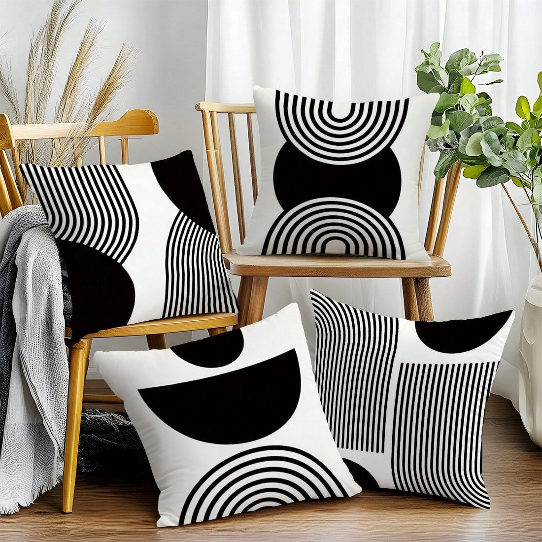 MEMNUN 4pcs Black & White Simple Arched Line Geometric Print Pillow Covers [No Pillow Insert], 17.7*17.7in(45*45cm)/19.69*19.69in(50*50cm)/15.75*15.75in(40*40cm), [Single-Sided Printing] Minimalist Mo