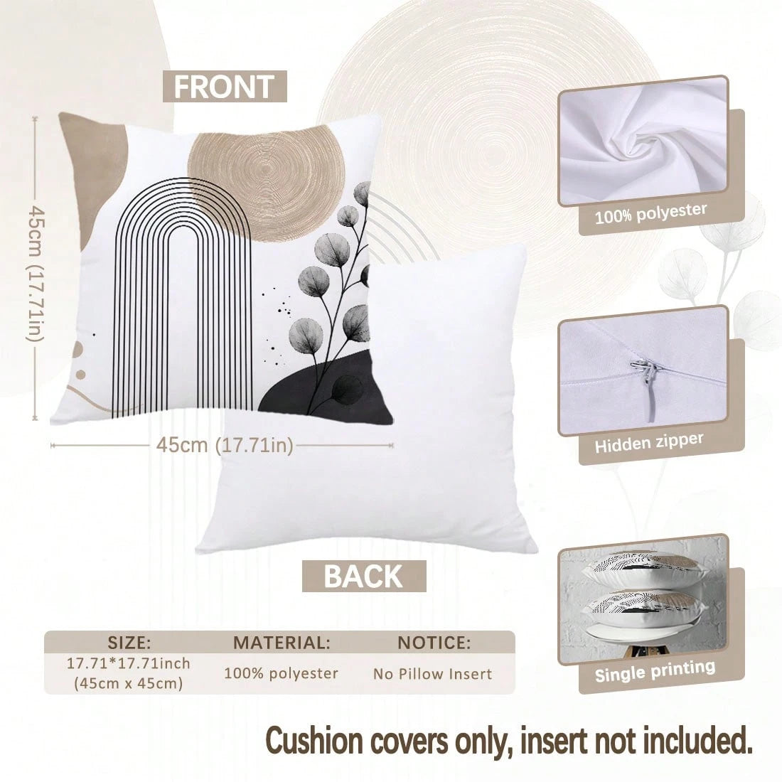 MEMNUN 4pcs Cream Modern Geometric Line Black & White Leaf Print Pattern Pillow Covers [No Insert], 40*40cm/45*45cm/50*50cm, [Single-Sided Print] Artistic Curved Circular Abstract Color Block Home Swe