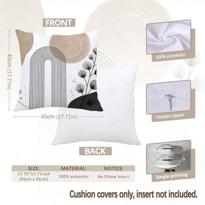 MEMNUN 4pcs Cream Modern Geometric Line Black & White Leaf Print Pattern Pillow Covers [No Insert], 40*40cm/45*45cm/50*50cm, [Single-Sided Print] Artistic Curved Circular Abstract Color Block Home Swe