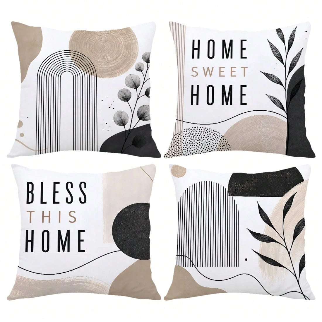 MEMNUN 4pcs Cream Modern Geometric Line Black & White Leaf Print Pattern Pillow Covers [No Insert], 40*40cm/45*45cm/50*50cm, [Single-Sided Print] Artistic Curved Circular Abstract Color Block Home Swe