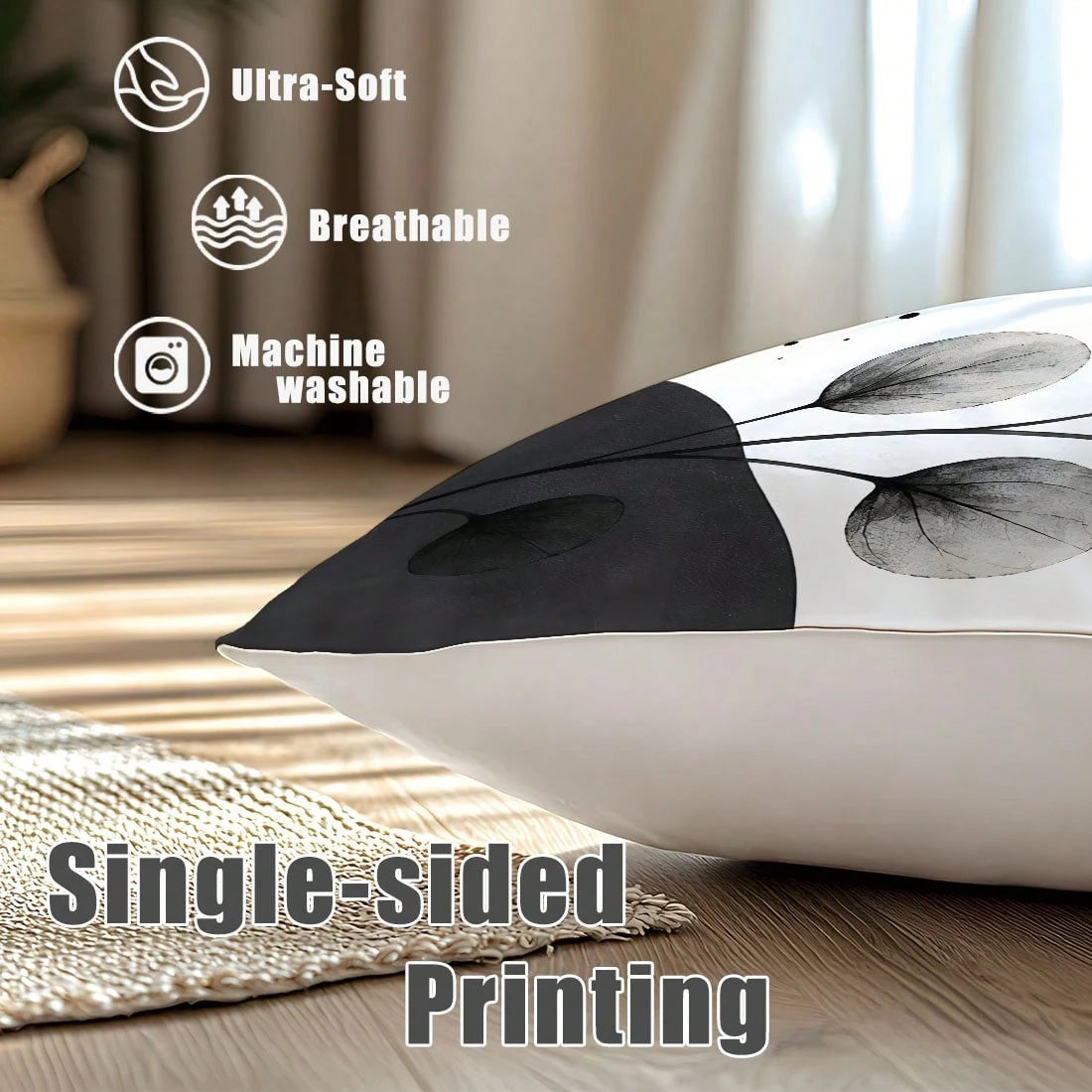 MEMNUN 4pcs Cream Modern Geometric Line Black & White Leaf Print Pattern Pillow Covers [No Insert], 40*40cm/45*45cm/50*50cm, [Single-Sided Print] Artistic Curved Circular Abstract Color Block Home Swe