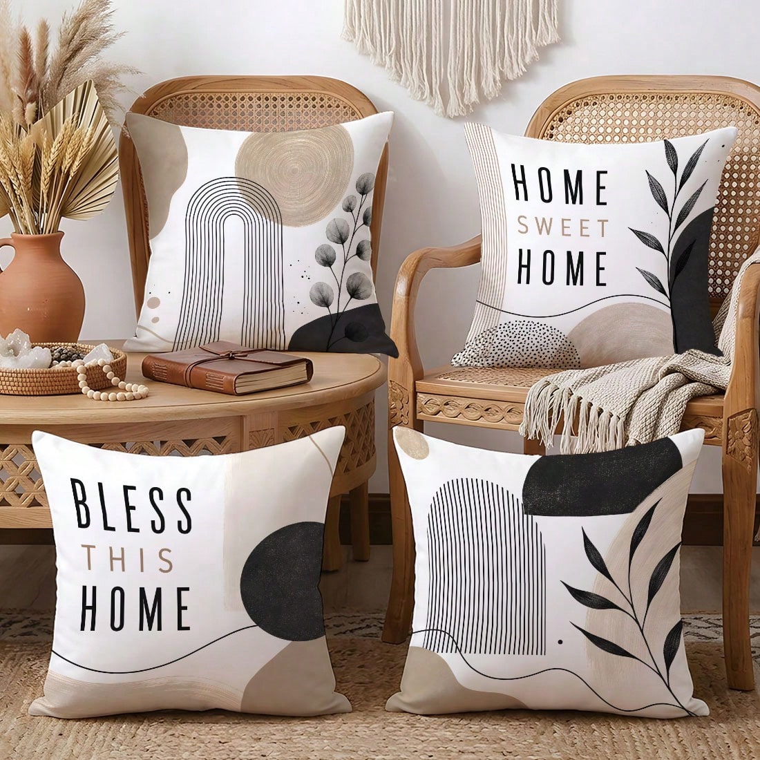 MEMNUN 4pcs Cream Modern Geometric Line Black & White Leaf Print Pattern Pillow Covers [No Insert], 40*40cm/45*45cm/50*50cm, [Single-Sided Print] Artistic Curved Circular Abstract Color Block Home Swe